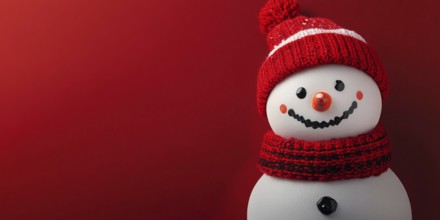 Cute snowman with knitted hat and scarf on red background with copy space. Generative AI, AI