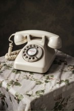 Old rotary phone sitting on a retro floral-patterned tablecloth, AI generated