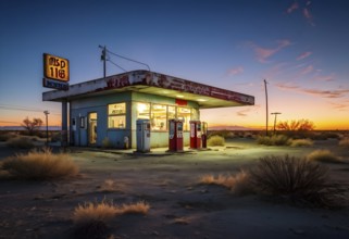 Abandoned retro gas station in the middle of a desert at sundown, with rusted gas pumps and an old