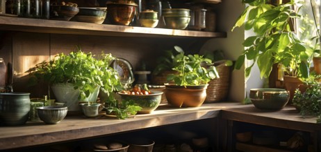 A sunlit kitchen corner, with a rustic wooden shelf holding neatly arranged ceramic bowls and a