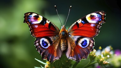 Detailed macro of a peacock butterfly (Aglais io), with a focus on the striking eyes, AI generated