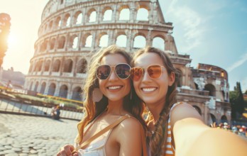 Attractive young smiling happy tourist ladies take selfie in Rome Coliseum in Italy on vacation.,