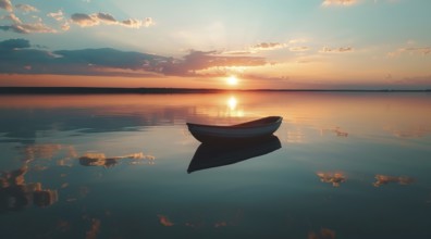 Serene lake dramatic landscape and skies on sunset or blue hour. Fisherman boat, AI generated