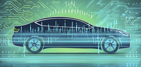 Sport car silhouette with vibrant green dynamic lines showing motion, surrounded by data streams,