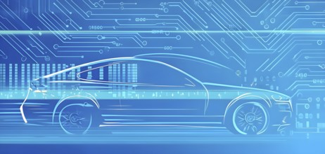 Sport car silhouette with vibrant blue dynamic lines showing motion, surrounded by data streams, AI