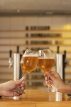 Close-up of a man and a woman's hands clinking glasses of craft beer in a modern cozy bar.