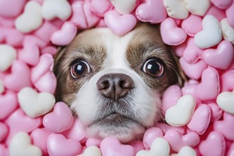 Funny dog face surrounded by pinka nd white heart shaped Valentine's Day candy. Generative Ai, AI