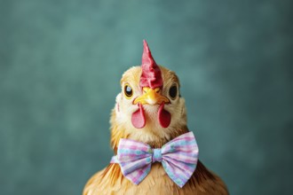 Funny chicken with bow tie in fornt of green background. Generative Ai, AI generated