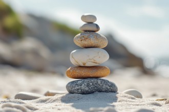 Rock balancing. Stack of stones in balance in front of blurry beach background. Generative AI, AI