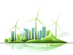 Abstract visual illustration of a city skyline where buildings morph into wind turbines and trees,