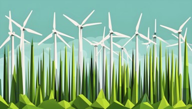 Abstract illustration of a forest with tall, geometric trees made of wind turbine blades, merging