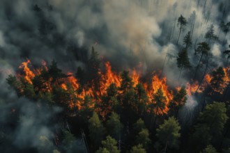 Aerial view of a forest fire is raging through a forest, with smoke and flames visible in the air.