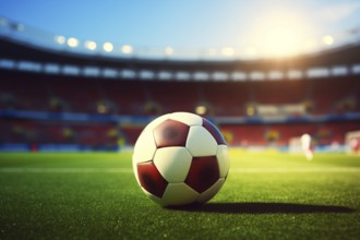 A soccer ball on a green field in soccer football stadium in evening on sunset with floodlights