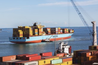 Maersk Serangoon cargo ship loaded with metal box shipping containers being guided by pilot boats