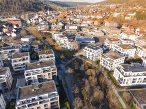 Houses and buildings in a wintry town against a hilly backdrop, Nagold, Black Forest, Germany,