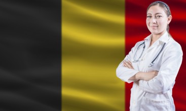 Female doctor on Belgium flag. Doctor with crossed arms on Belgium flag. Belgium Health and Care