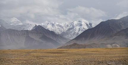 Glaciated, cloud-covered mountain peaks and golden meadows, Lenin Peak, Trans Alay Mountains, Pamir