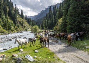 Herd of horses in a green mountain valley with forest and mountain stream, Chong Kyzyl Suu Valley,