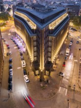 Aerial view of the Kontorhaus Chilehaus in Hamburg's Kontorhaus district at the blue hour, Hamburg,