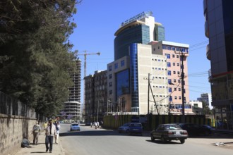 Addis Ababa, street scene in the city centre, skyscraper and office building, Ethiopia, Africa