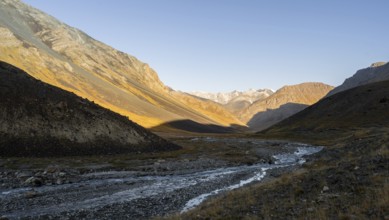 Arabel Pass with river, mountain valley in the morning, barren landscape, Burkhan Valley, Tien