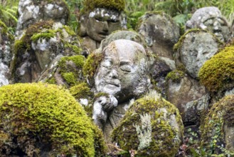 Close-up of moss-covered stone statue of rakan, the disciple of Buddha, Otagi Nenbutsu-ji temple,