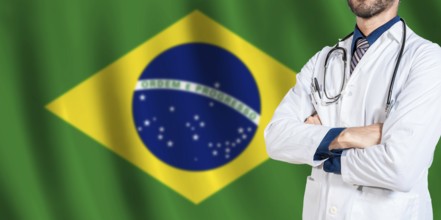 Male Doctor holding stethoscope on Brazilian flag. Doctor with stethoscope on Brazil flag