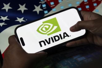 In this photo illustration, the Nvidia Corporation logo is displayed on an iPhone screen on January