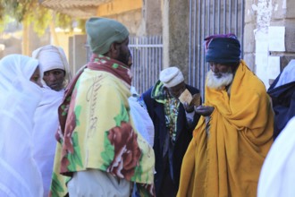 Tigray region, city of Axum, Aksum, believers, pilgrims in front of the church, Ethiopia, Africa