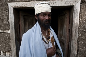 Portrait of an orthodox christian monk working as a witchdoctor, Tigray state, Ethiopia. Many