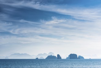 Phang Nga bay near Koh YaoNoi, seascape, seascape, foggy, morning mist, hazy, silhouette,