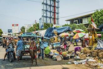 Traditional authentic food market, street market, street, street scene, market stall, men, person,