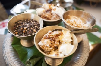 Assamese traditional food displayed at a stall to sell during Magh Bihu or Bhogali Bihu festival.