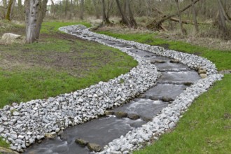 A river meanders through a green landscape with stone banks in a spring forest, renaturalised