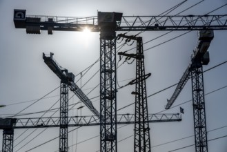 Construction cranes, large construction site for hotels on Harkortstraße in Düsseldorf, directly at