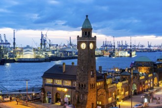 Port of Hamburg, view over the St. Pauli Landungsbrücken, Pegelturm, to the Blohm + Voss shipyard,