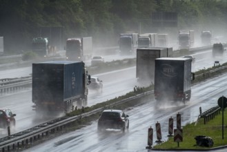 A2 motorway, at Recklinghausen motorway junction, heavy traffic during a thunderstorm, North