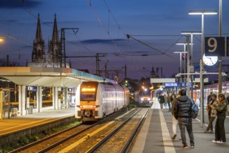 Cologne-Deutz railway station, platform, local train, Cologne Cathedral, North Rhine-Westphalia,