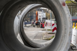 Concrete sewer pipes, stored on a construction site during sewer renovation work, on the Dickswall,