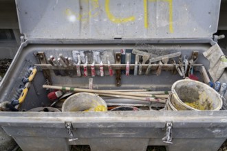 Toolbox of craftsmen, plasterers, bricklayers, drywallers, on a construction site