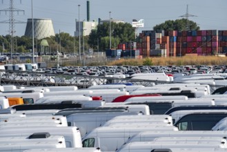 Car terminal in the inland port Logport I, in Duisburg on the Rhine, vehicle handling of new cars,