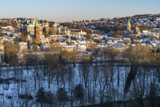 View over the Werden district of Essen, in front the Brehminsel, The Protestant Church in