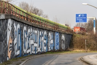 Large-format mural, graffiti, of the Schalke fan scene, below the A42 motorway,