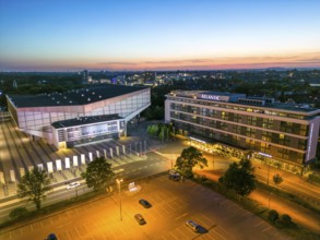 The Grugahalle, left, and the Atlantic Congress Hotel, Essen North Rhine-Westphalia, Germany,