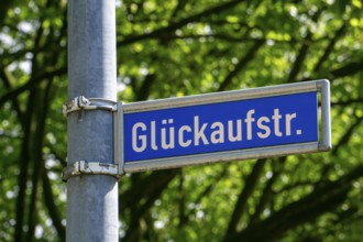 Street sign of Glückaufstraße in Essen-Stoppenberg, former miners' settlement, North