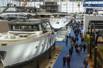 Large yachts, luxury yachts, in Hall 6 of BOOT 2024, the world's largest yacht and water sports