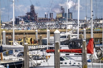 Seaport Marina IJmuiden, marina, sailing boats, yachts, behind the Tata Steel steel and smelting