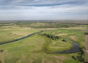 The meandering Biebrza River in the Biebrza National Park in northern Poland. Goniadz, Podlasie,