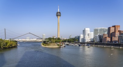 Düsseldorf Media Harbour, Rhine Tower, Gehry buildings, bridge over the entrance to the harbour,