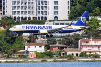 A Ryanair Boeing 737 MAX 8 aircraft with registration 9H-VUL at Corfu Airport, Greece, Europe